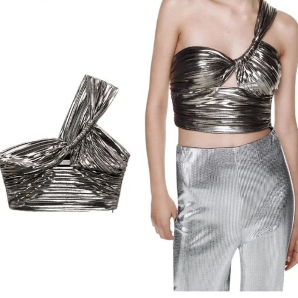 ZARA metallic one shoulder crop top